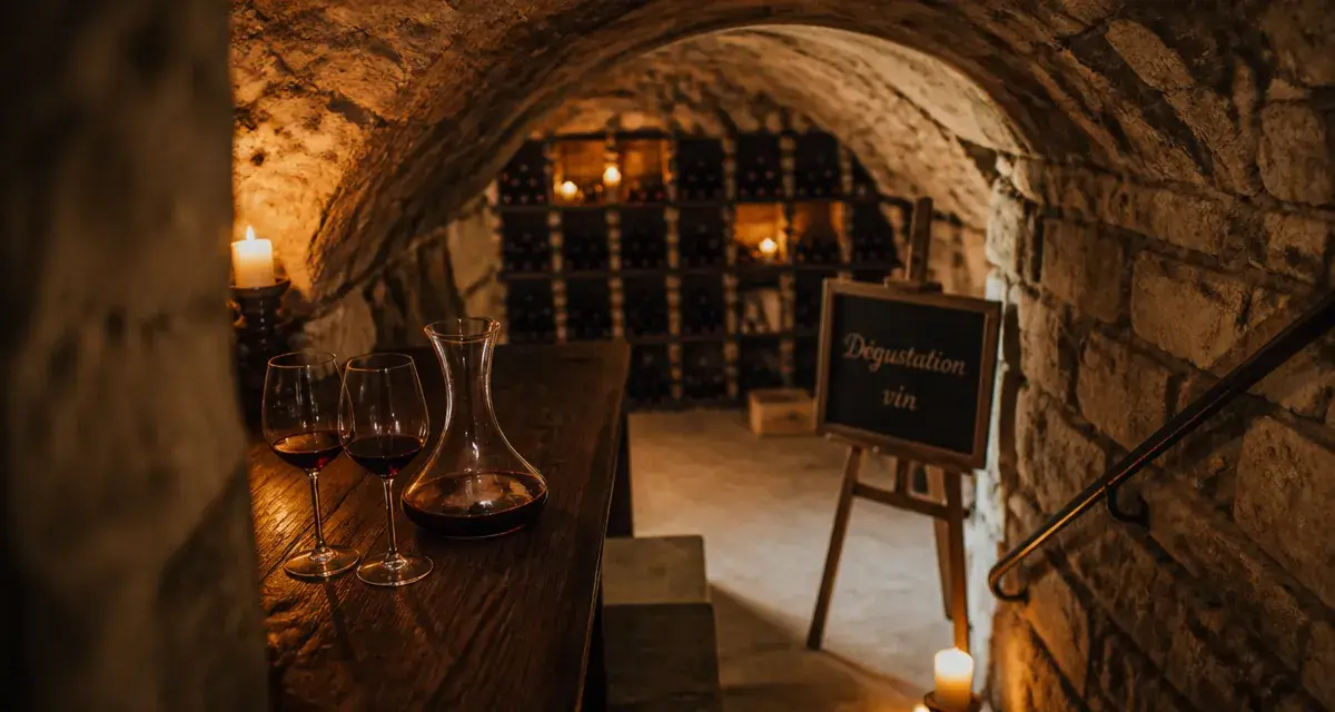 caveau parisien voûté, table de dégustation et cave à vin parisienne