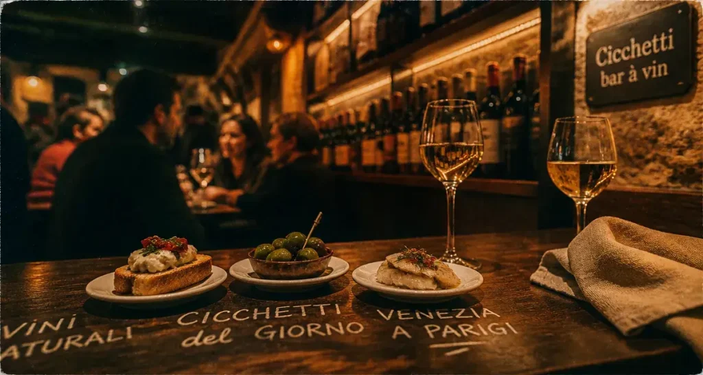 Cicchetti bar à vin paris : comptoir et cicchetti avec verres de vin