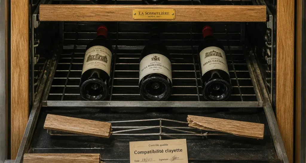 Clayette pour cave à vin : bouteilles sur rails de rangement coulissant