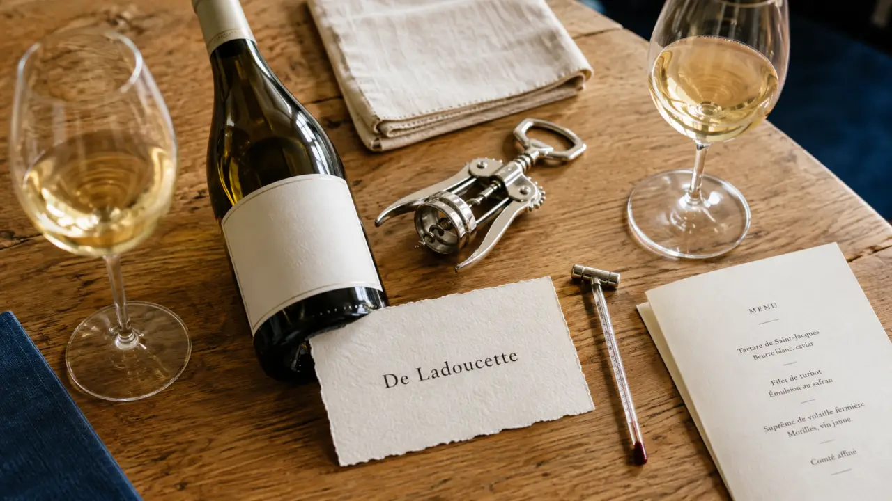 De Ladoucette Paris : bouteille de vin, étiquette et verres à goûter
