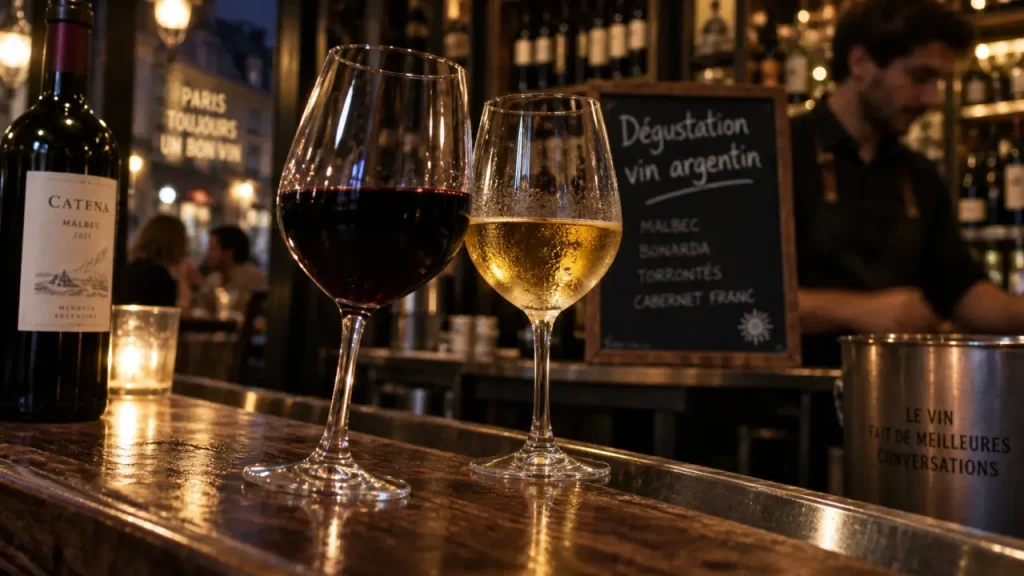 Dégustation vin argentin paris : verres Malbec et blanc, bar à vin