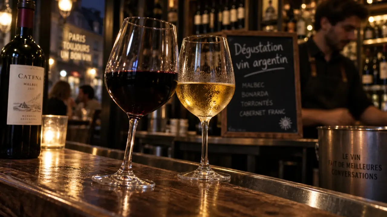 Dégustation vin argentin paris : verres Malbec et blanc, bar à vin