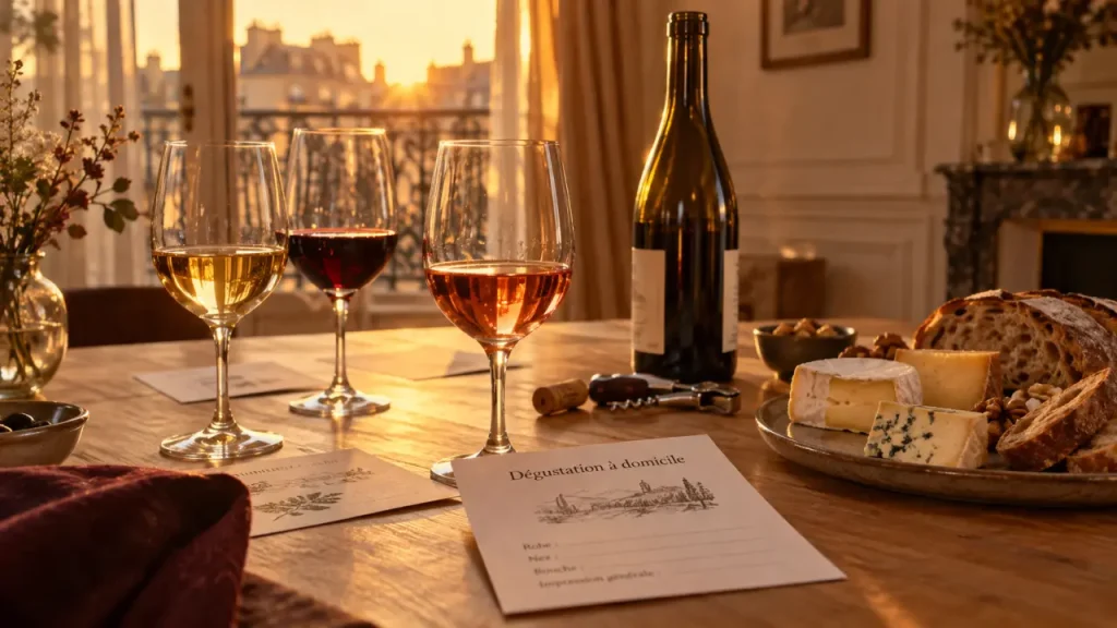 Dégustation de vin à domicile Paris et région parisienne : salon, verres et fiches de dégustation