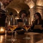 Degustation vin paris en cave voûtée, sommelier versant le vin