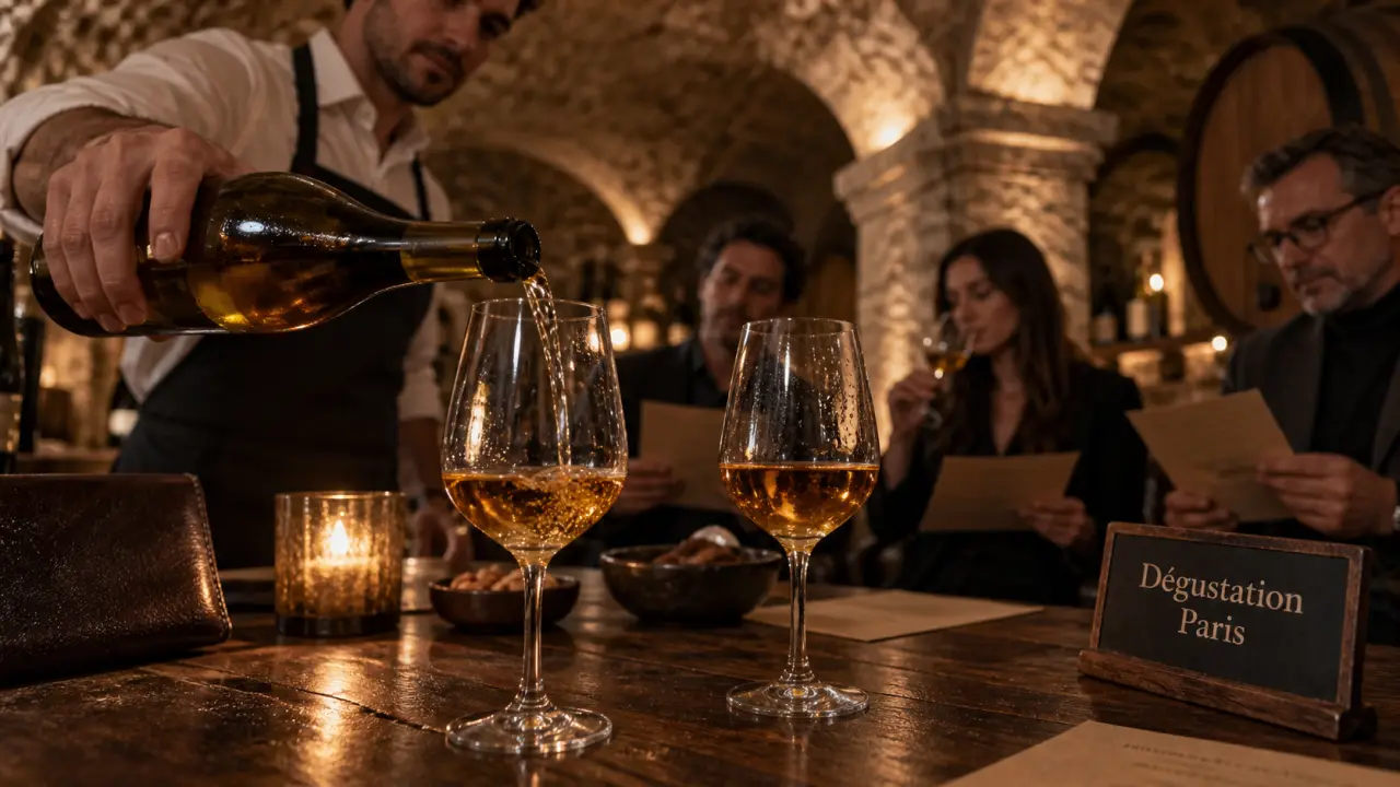 Degustation vin paris en cave voûtée, sommelier versant le vin