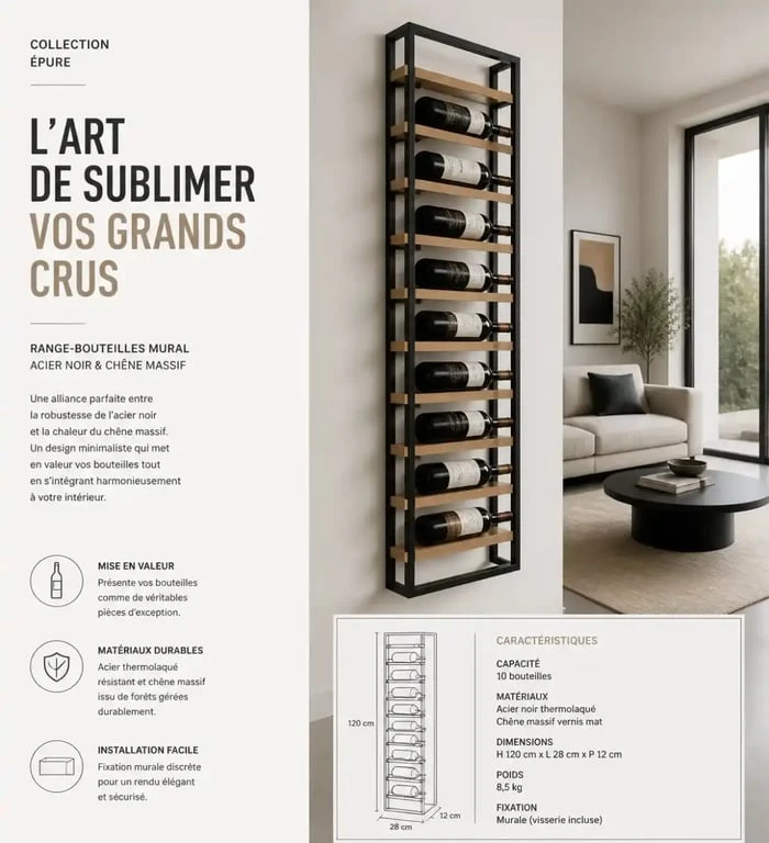 Casier à vin design en métal et bois dans un salon contemporain