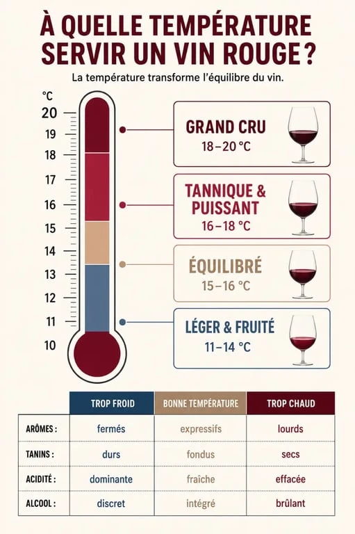 Infographie sur la température d’un vin rouge selon son style et ses effets gustatifs