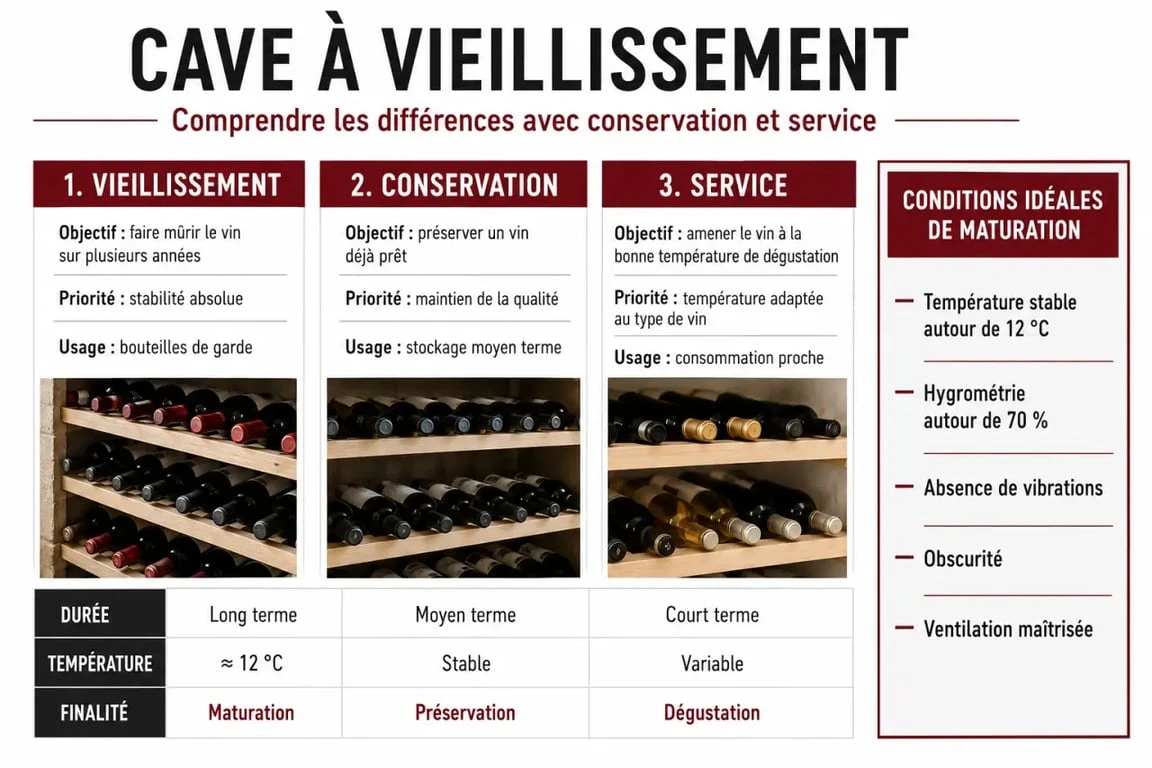 Cave à vieillissement : différences avec cave de conservation et cave de service, et conditions idéales