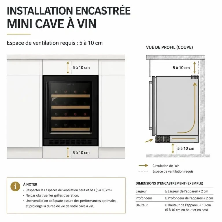 Schéma d'installation et ventilation pour une mini cave à vin encastrée