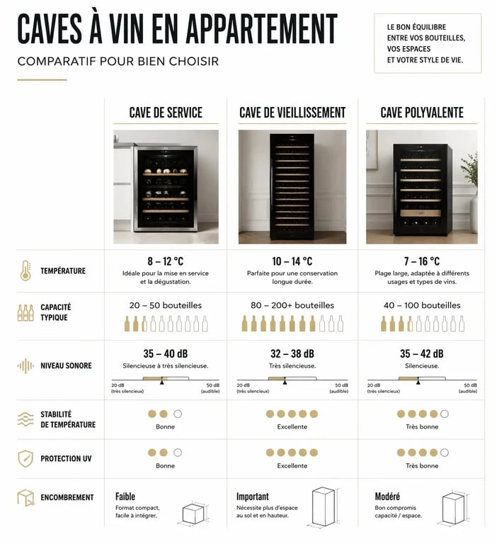 Comparatif cave à vin avec les différences entre cave de service, cave de vieillissement et cave polyvalente