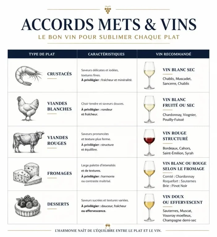 Tableau des accords mets et vins pour réussir vos repas