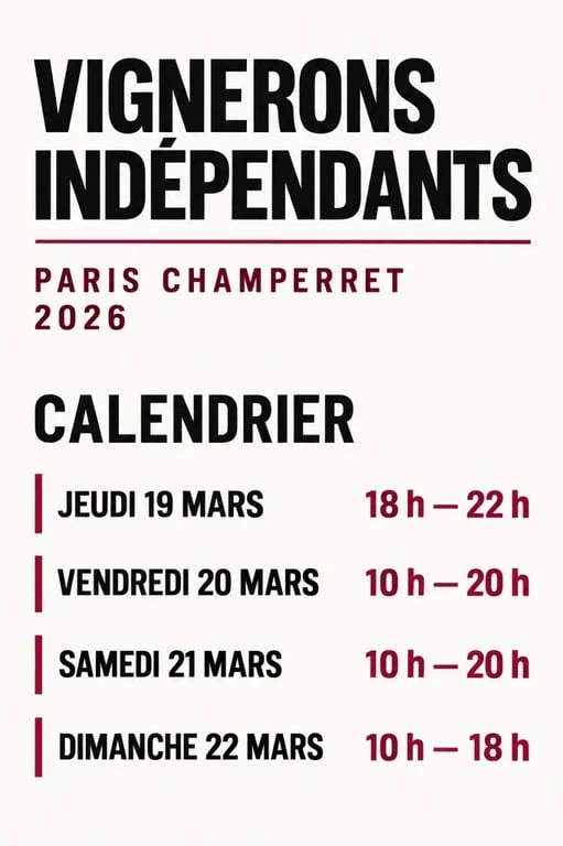 Infographie des horaires du salon vigneron indépendant Paris Champerret 2026