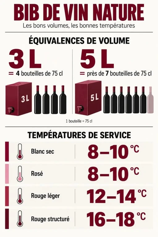 Infographie sur le bib vin nature : équivalence des volumes et températures de service selon le style de vin