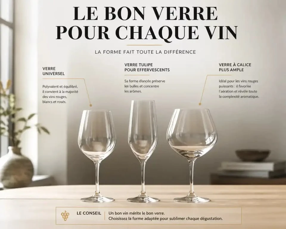 Trois formes de verre dégustation vin alignées pour comparer calice et ouverture
