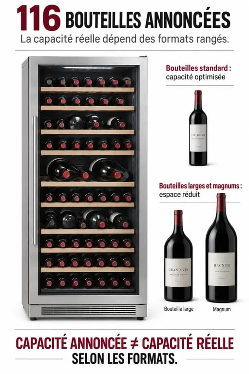 Infographie sur la capacité de la cave à vin Signature CUVEE S116 selon les formats de bouteilles