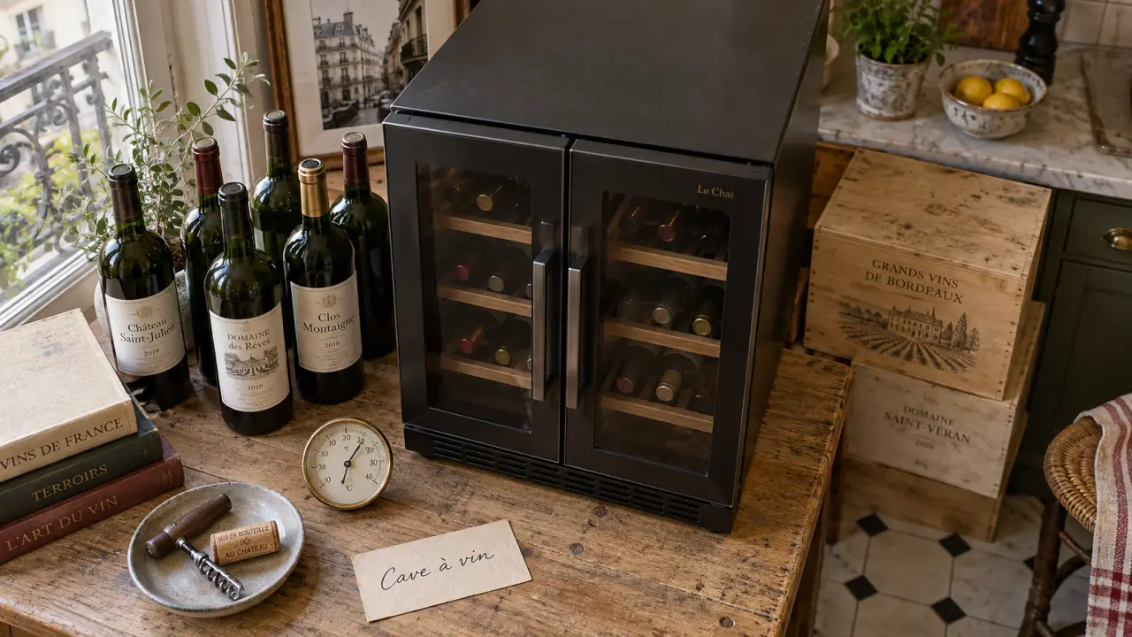 Frigo cave à vin compact à 12°C en cuisine parisienne, vibrations et thermomètre