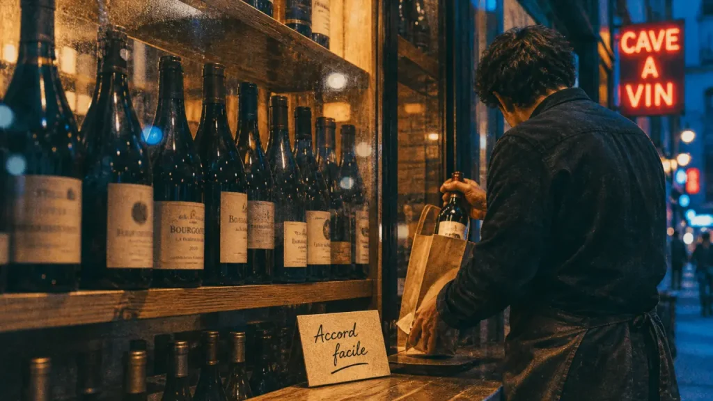 Nicolas cave a vin à Paris : vitrine de caviste, bouteilles et vendeur