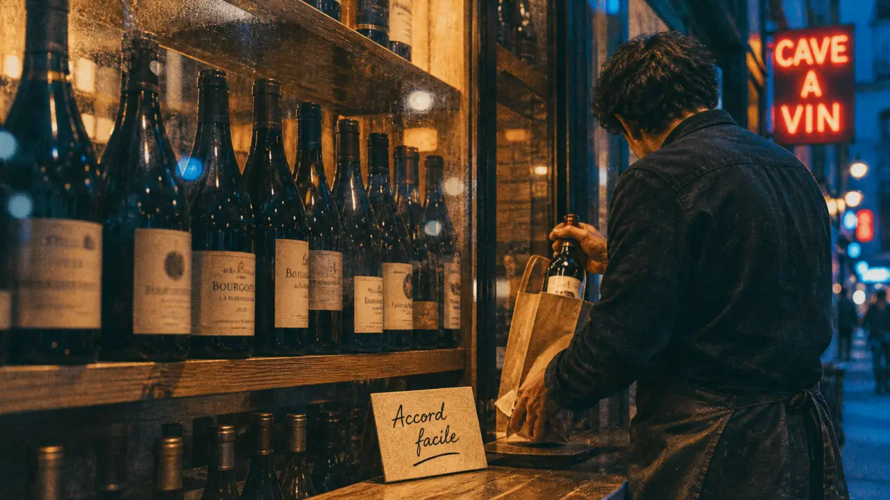 Nicolas cave a vin à Paris : vitrine de caviste, bouteilles et vendeur