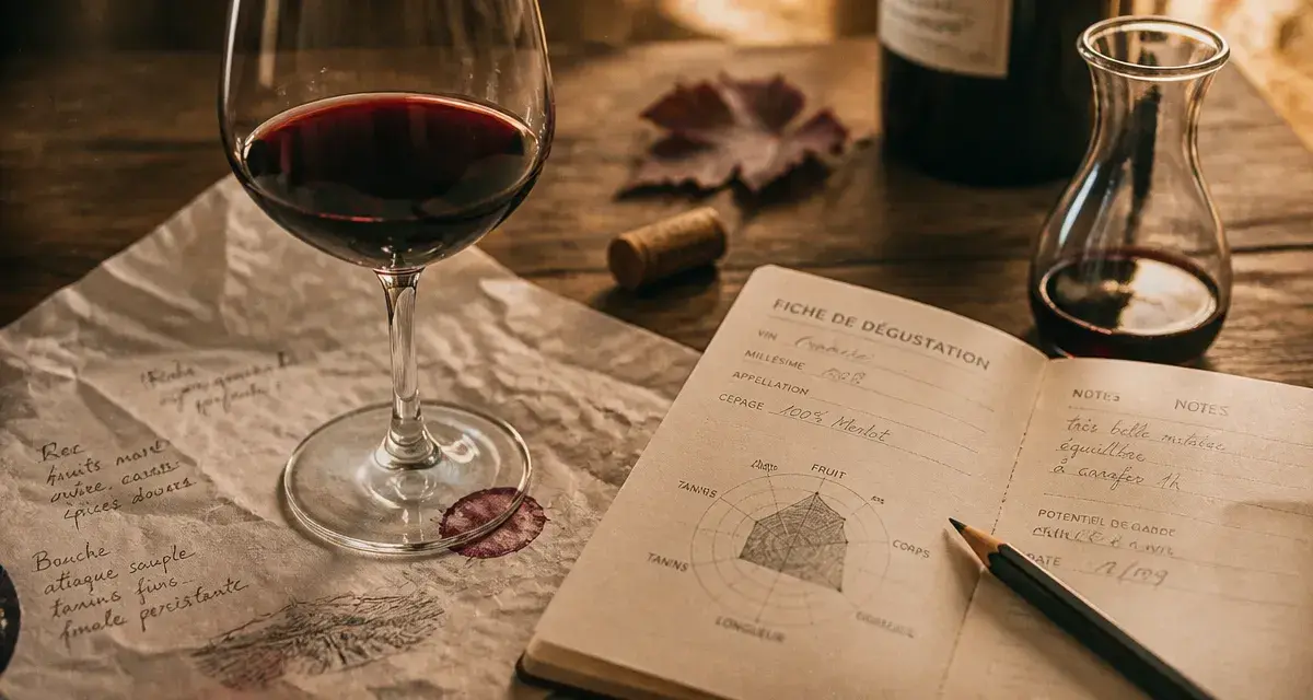 Oenophilie : verre de vin rouge et carte de dégustation