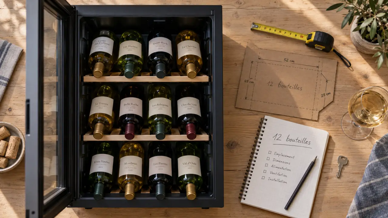 Petite cave à vin 12 bouteilles sur table en bois : fraîcheur stable
