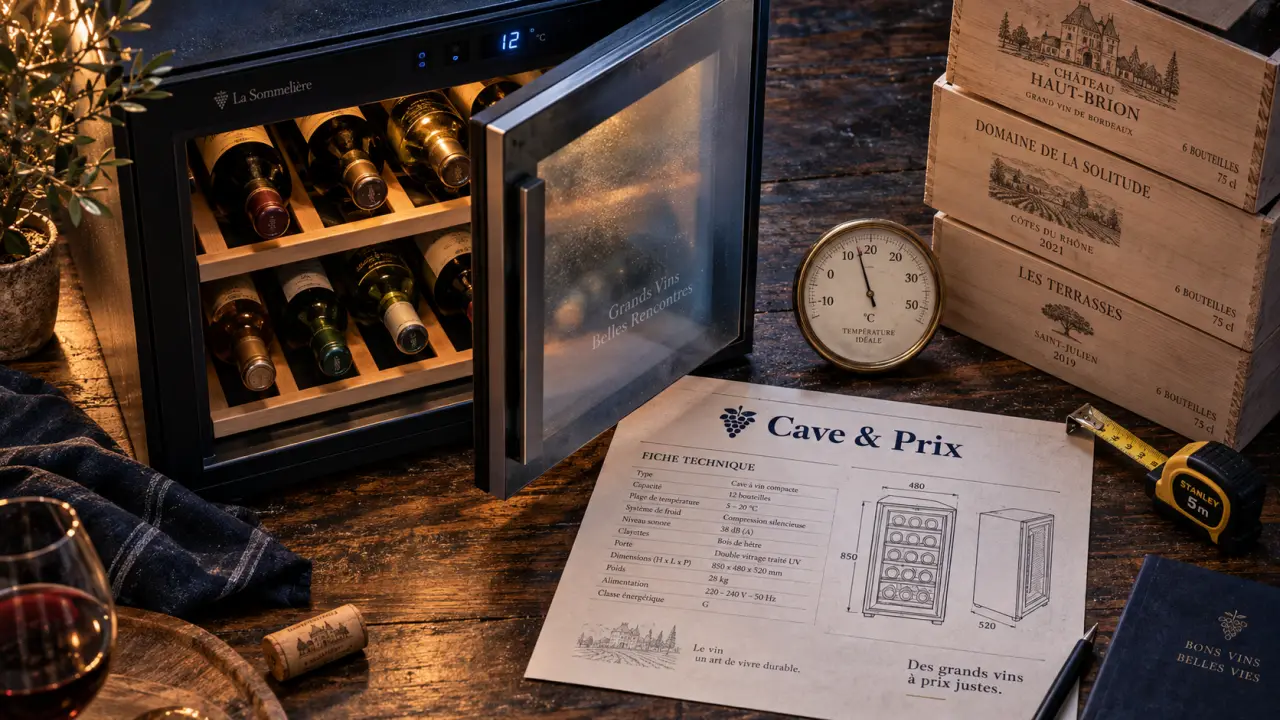 Prix cave à vin : cave compacte, thermomètre et clayettes, bouteilles