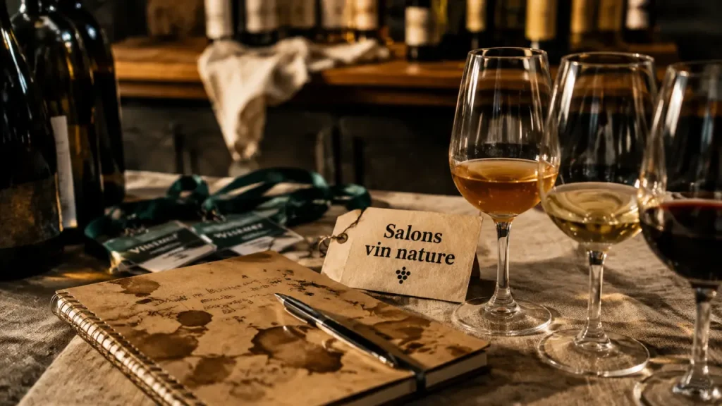 Salon vin nature : verres de dégustation et carnet de visites