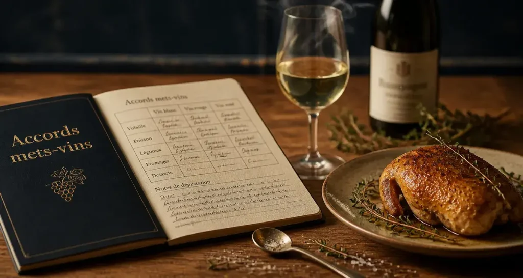 Tableau des accords mets et vins : accords mets et vins sur une table