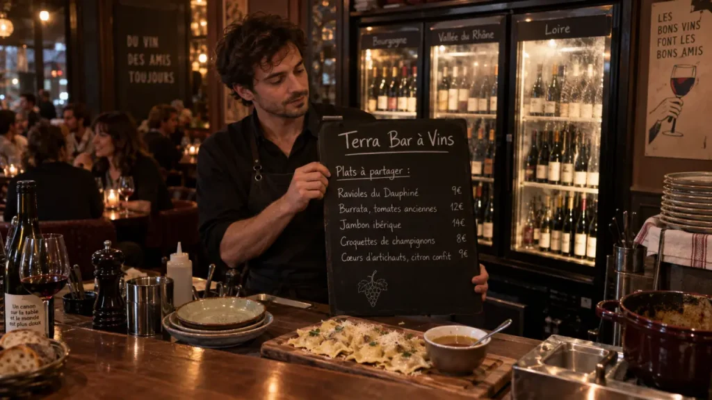 Terra bar à vin paris : plats à partager et armoire vitrée de vins nature