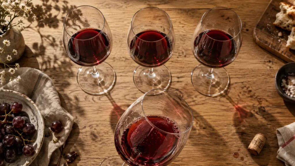 Verre degustation vin : arômes et service simple sur table en chêne