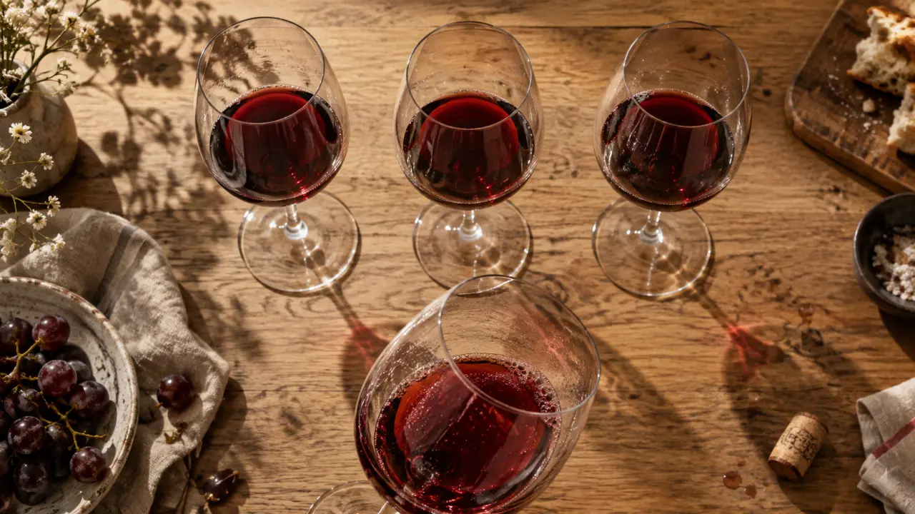 Verre degustation vin : arômes et service simple sur table en chêne