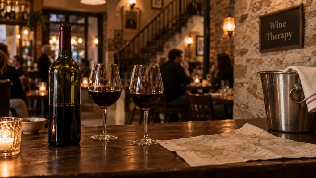 Wine therapy bar à vins & bistrot Paris 9, bouteille et verres au comptoir