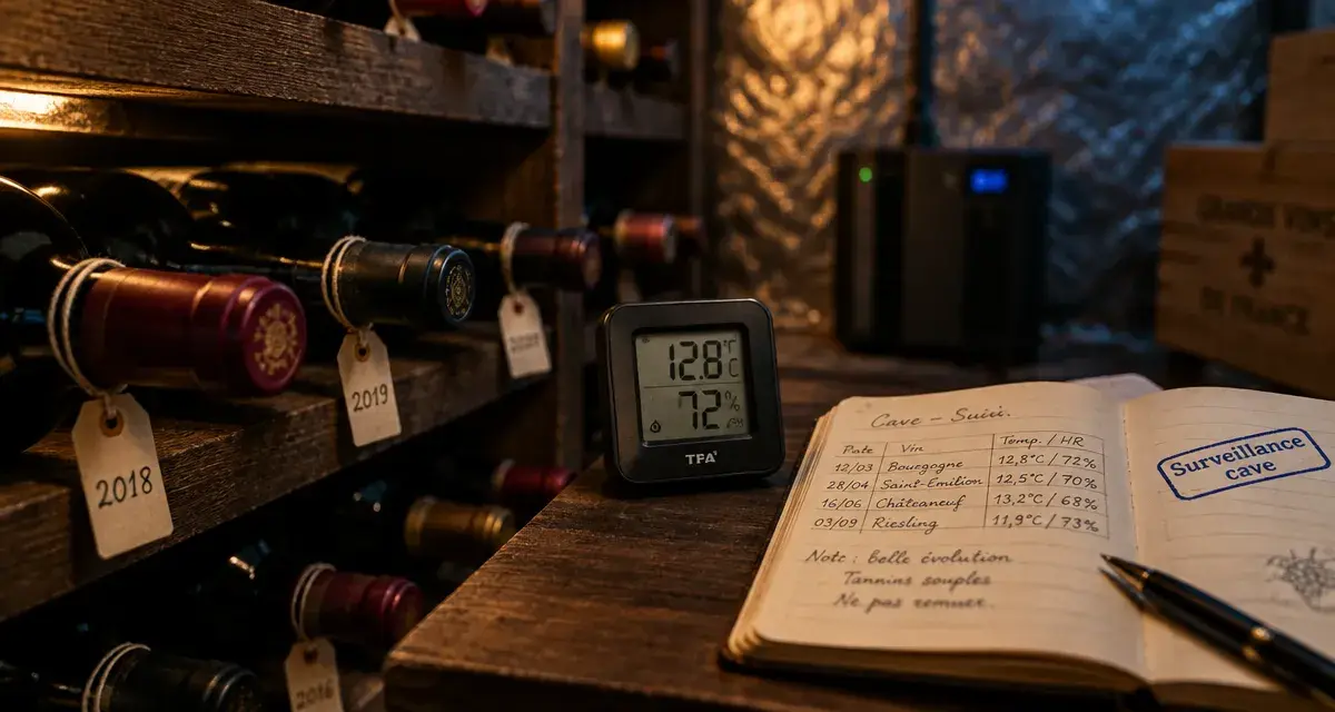 Accessoires cave à vin : thermomètre-hygromètre et clayettes en cave