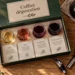 Cadeau oenologie : coffret de dégustation sur table en bois