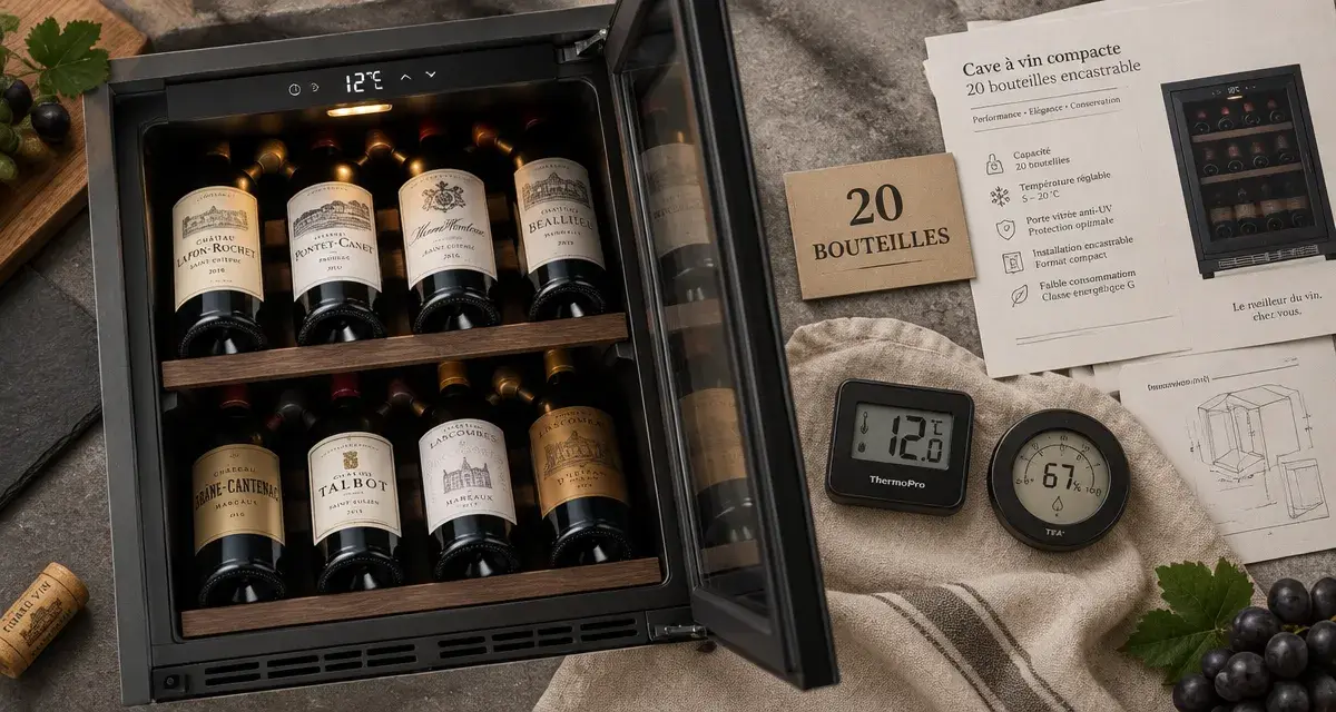 Cave à vin 20 bouteilles compacte encastrable, protectrice, vue de dessus