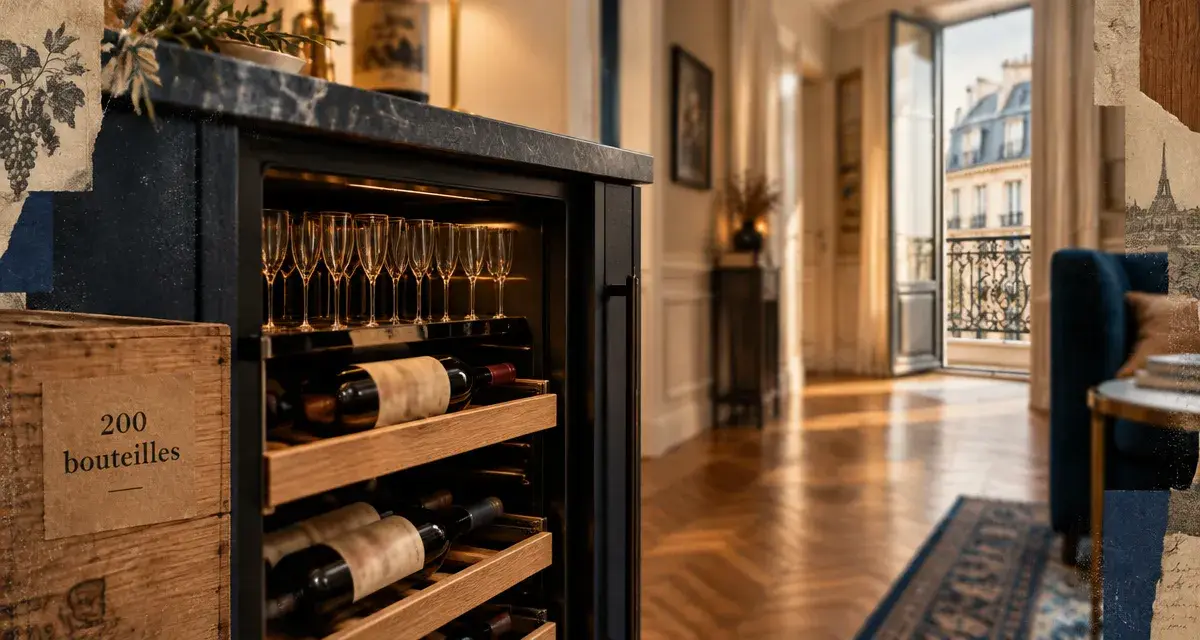 Cave à vin 200 bouteilles dans un salon parisien, encastrée sous comptoir