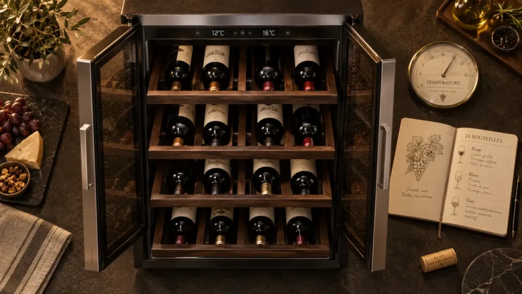 Cave à vin 24 bouteilles : portes en verre et bouteilles alignées, thermomètre et carnet