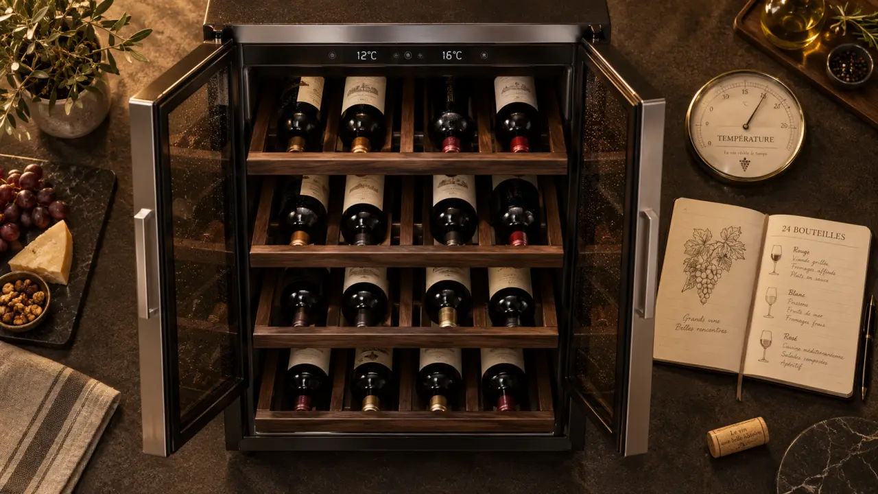 Cave à vin 24 bouteilles : portes en verre et bouteilles alignées, thermomètre et carnet
