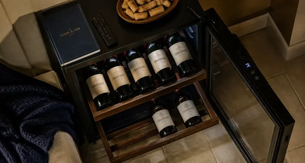 Cave à vin appartement compacte : bouteilles Bordeaux et Bourgogne, conservation