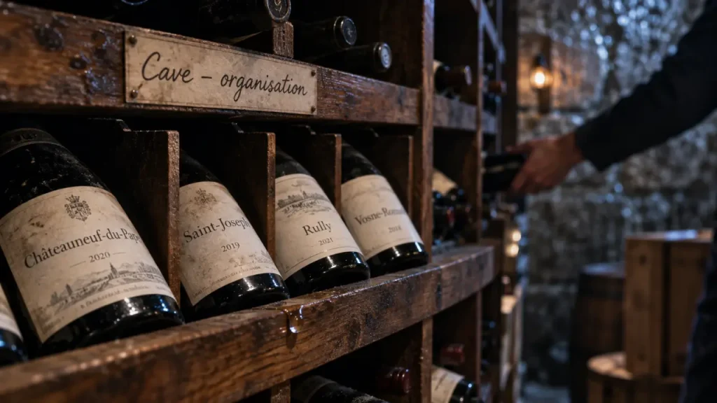 Étagère pour cave à vin en bois sombre avec casiers à bouteilles