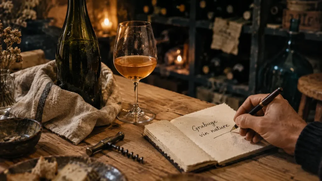 Grabuge vin nature, bouteille vivante au dépôt léger, torchon en lin