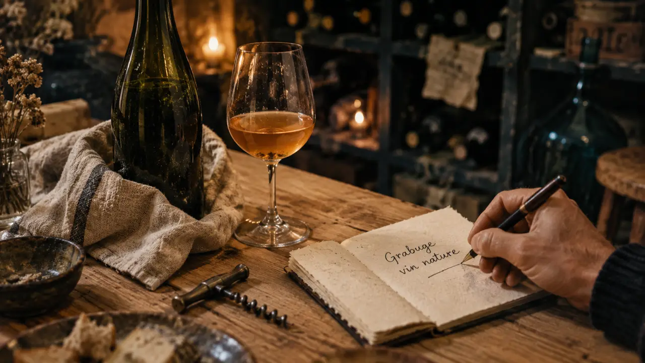 Grabuge vin nature, bouteille vivante au dépôt léger, torchon en lin