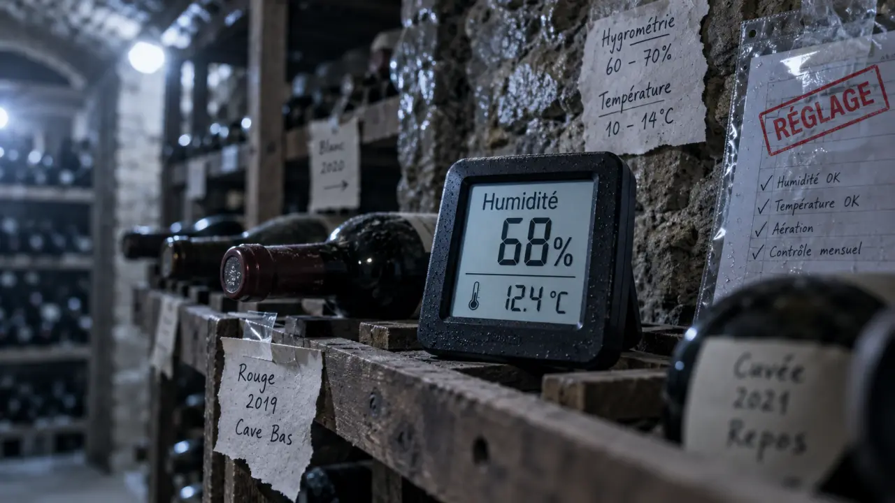 Hygromètre pour cave à vin indiquant 68% d’humidité