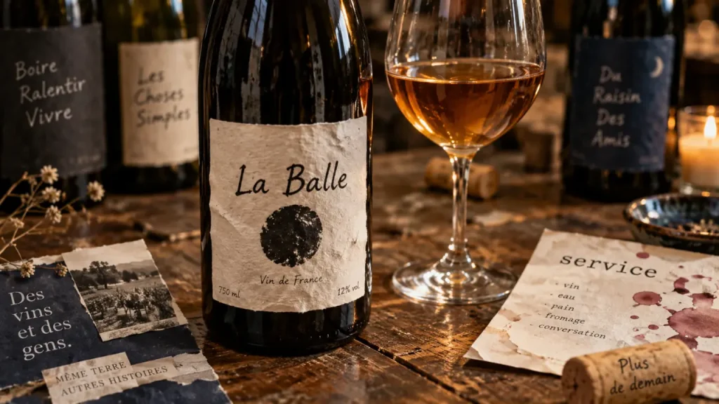 La balle vin nature, étiquette et verre de vin ambré