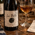 La balle vin nature, étiquette et verre de vin ambré