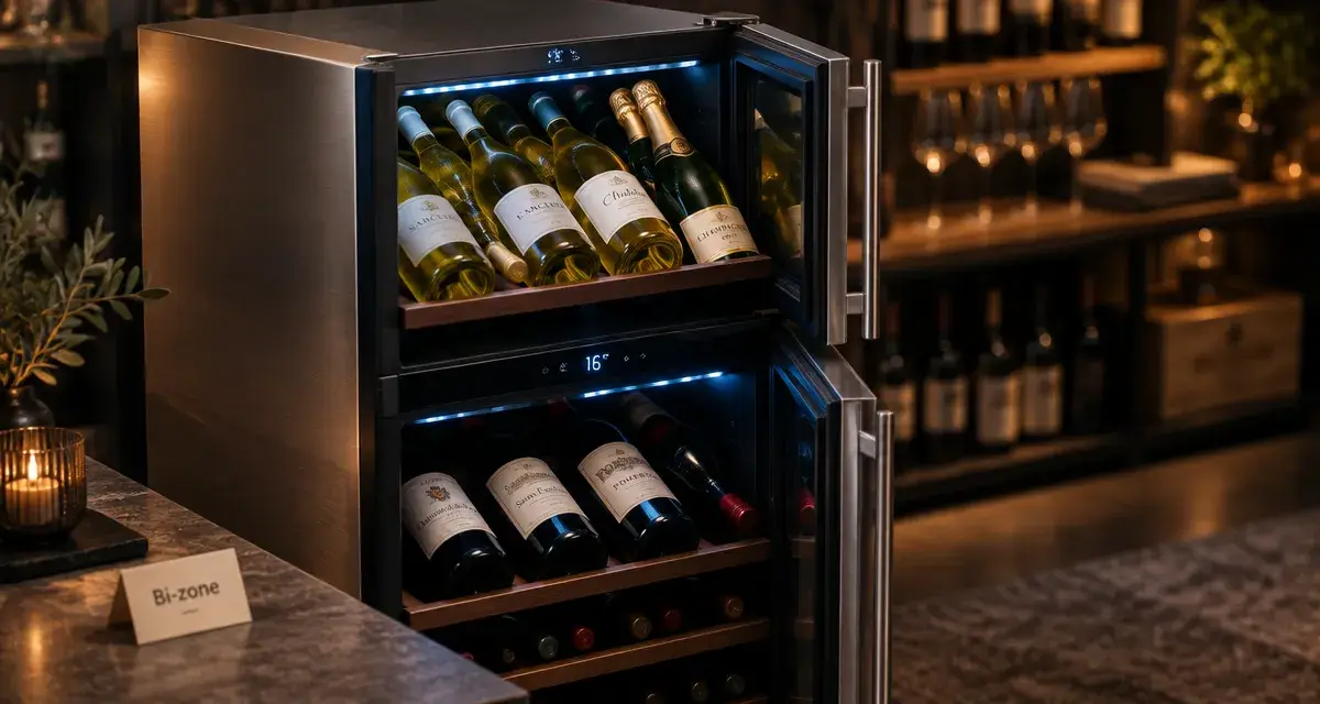 Meilleure cave à vin bi-zone, 37 dB, 77 bouteilles, acier brossé, LED.