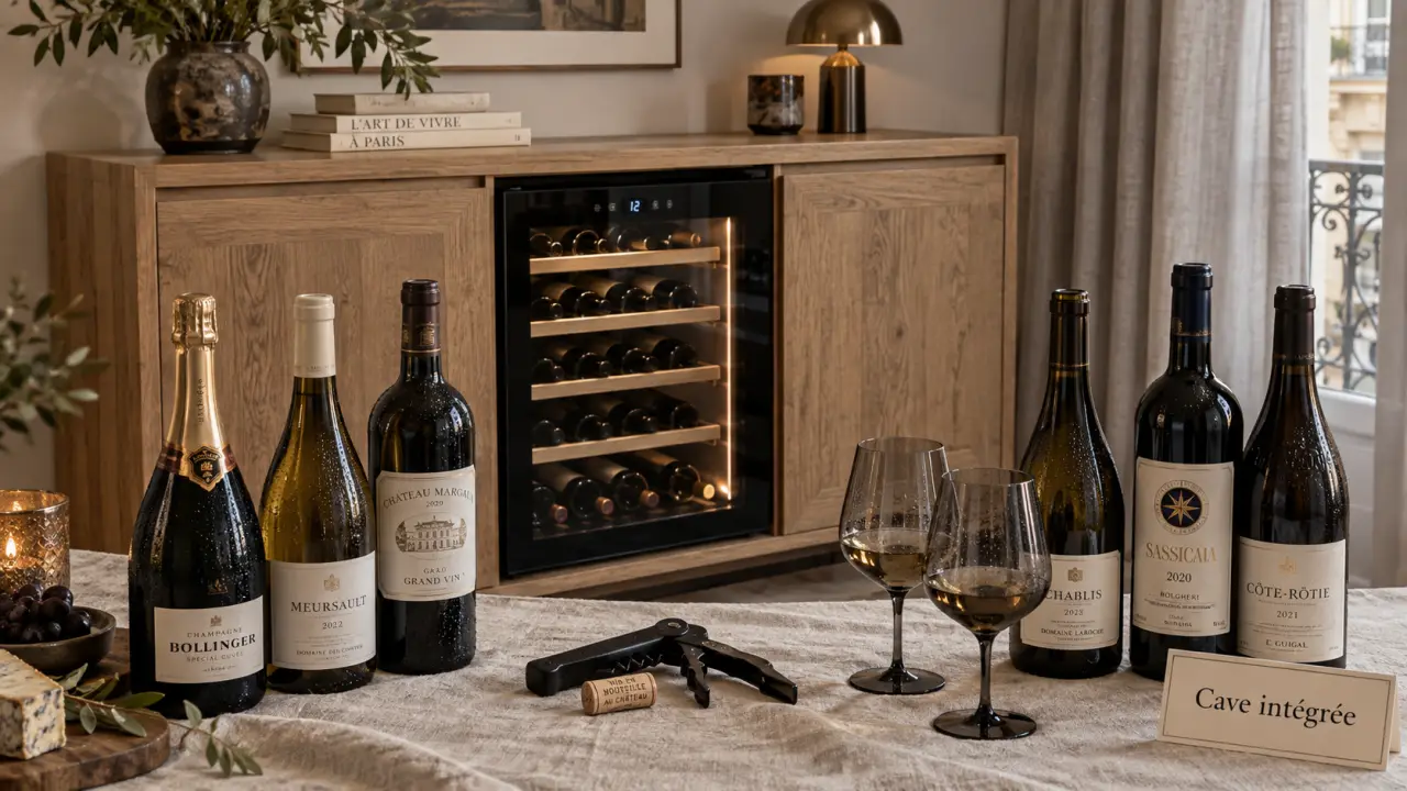 Meuble avec cave à vin intégré, bouteilles et clayettes visibles