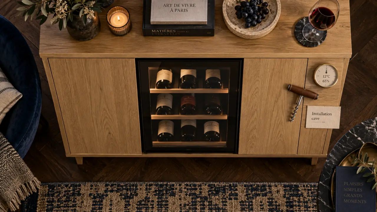 Meuble avec cave à vin intégrée, bouteilles bien rangées