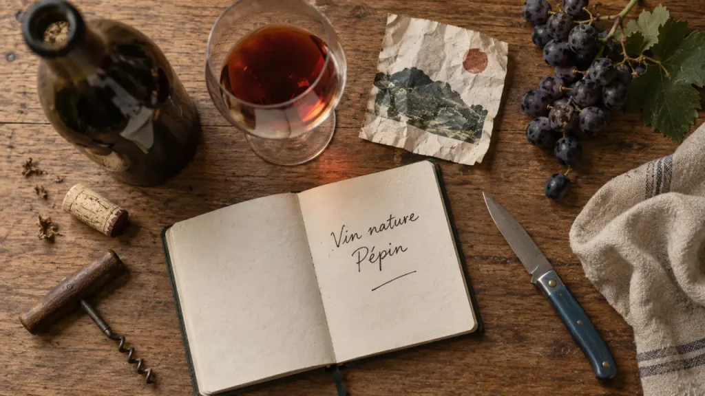 pepin vin nature : bouteille de vin nature et carnet de dégustation