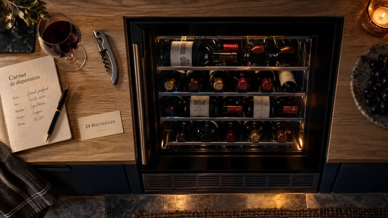 Petite cave à vin 24 bouteilles encastrable sous plan de travail, compacte et silencieuse à Paris