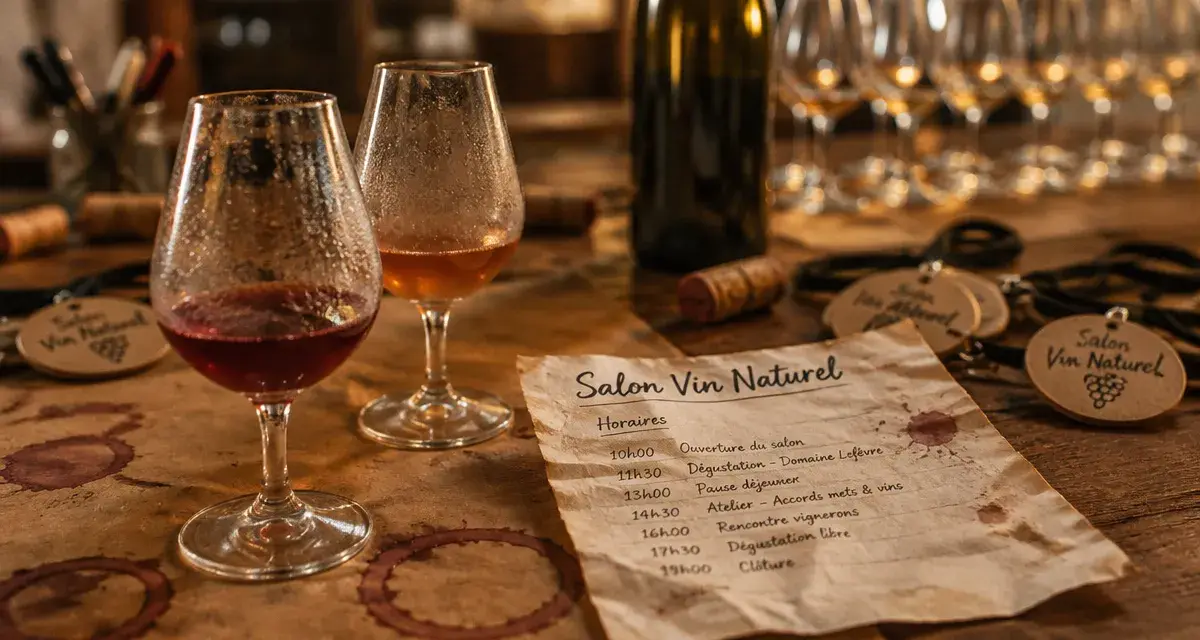 Salon du vin naturel sur une table de dégustation